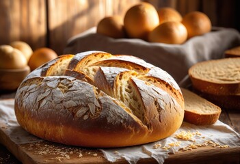 close rustic textured loaf bread placed wooden board natural grain patterns showcasing its artisan quality, homemade, organic, ingredients, baking, crust