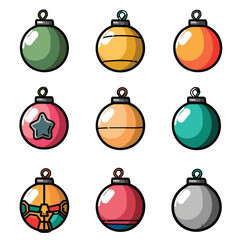 Colorful Christmas ornaments cartoon style isolated white background. Collection nine festive holiday baubles various colors decoration. Christmas ornament has unique design shiny surface