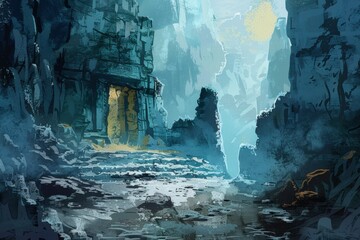 Mysterious stone ruins in a forgotten valley bathed in soft light