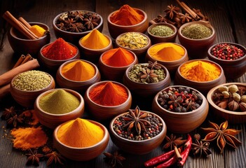Fototapeta premium vibrant spice assortment displayed rich wooden backdrop showcasing colorful spices various jars bowls culinary inspiration, herbs, flavor, aroma, seasoning