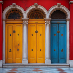 Obraz premium Colorful Trio of Doors in Vibrant Urban Setting