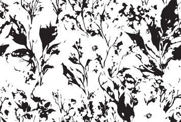 art vintage monochrome watercolor and graphic floral pattern with leaves on light background; Seamless Pattern; Illustration