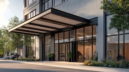 A modern building entrance with a sleek canopy and large glass doors, creating a welcoming and inviting atmosphere. The building is made of brick and glass