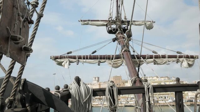 18th century Spanish sailing ship deck and bow with bowsprit