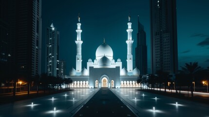 Obraz premium A beautifully crafted mosque in the heart of a neon-lit metropolis, blending traditional Islamic architecture with futuristic cityscape elements