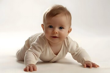 Naklejka premium Adorable Baby Girl Crawling on White Background