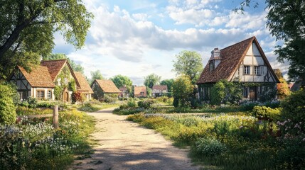 Fototapeta premium A picturesque scene of a quaint cottage village nestled in a lush meadow, with a dirt road winding through the green fields, symbolizing tranquility, rural charm, community, nature, and simplicity.