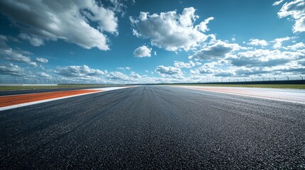Naklejka premium A straight shot of a black asphalt race track with a red and white dividing line. The sun shines on a blue sky with fluffy white clouds. It symbolizes speed, competition, success, ambition