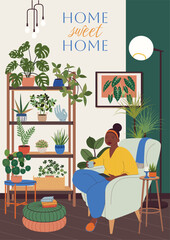 Housewarming party invitation or greeting card. New home celebration, postcard design with cozy interior scene and potted plants. Home sweet home. Flat vector banner illustration. New place to live in