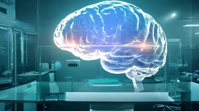 A hologram of a human brain is prominently featured in a modern laboratory, illustrating cutting-edge neuroscience research in motion.