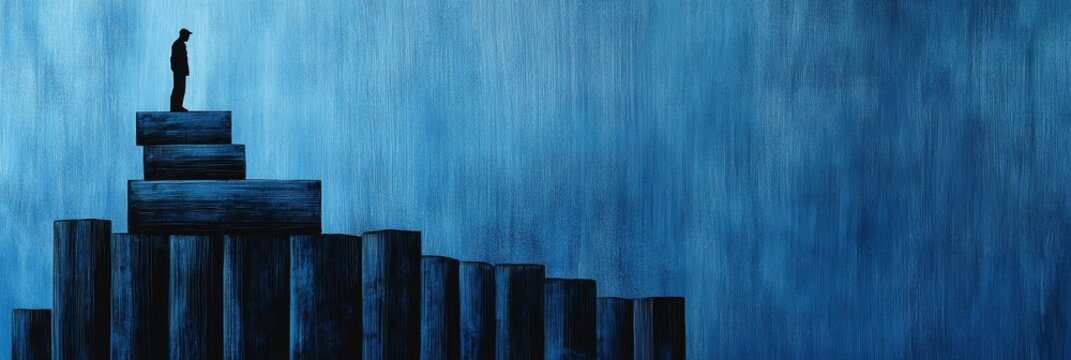 A solitary figure stands atop a stack of blocks, symbolizing achievement, ambition, growth, perseverance, and the journey to the top.