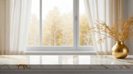 Empty white gold marble table with blur minimalist white window curtain background