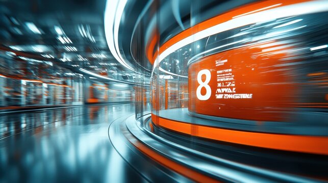 An ultra-realistic image of a raceway highway with bright red-orange circular sale displays, enhanced by futuristic lighting and ray tracing technology, showcasing a vibrant and lively shopping