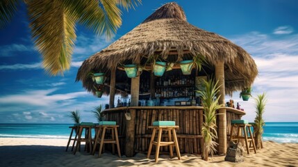 Fototapeta premium Beach Bar Hut with Palm Trees