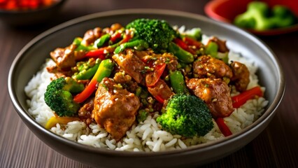Fototapeta premium Delicious Asianinspired stirfry with chicken broccoli and peppers over rice