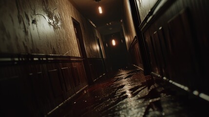 Obraz premium A dark corridor in an abandoned building. Cluttered corridor in ruins. Abandoned building. Horror. Dark room