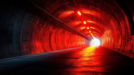 A photorealistic image of an enormous red-lit tunnel, its long expanse illuminated with a soft, distant white light at the end, evoking mystery and intrigue