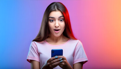 Young girl very surprised about he message on her smartphone