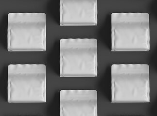 Render of a white glossy square doy-pack package with zipper on dark background © DAkreev