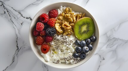 Breakfast cottage cheese with berries kiwi nuts and chia seeds in a white bowl top view