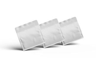 Render of a white glossy square doy-pack package with zipper on transparent background