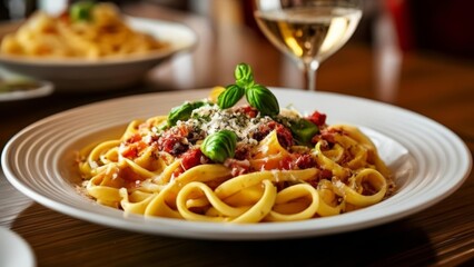  Delicious pasta dish with a glass of wine