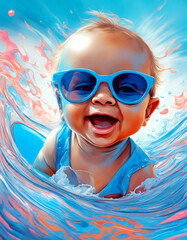 Naklejka premium Ein Baby mit blauer Sonnenbrille beim Wassersport