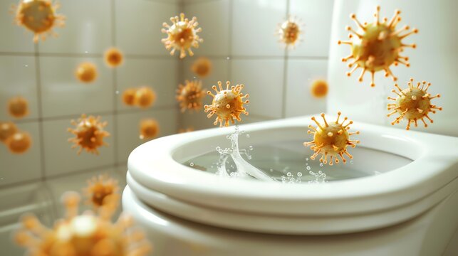 Floating germs around a toilet bowl in a bathroom environment, representing germs and bacteria presence.