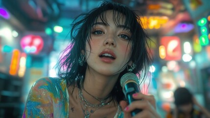 Japanese woman singing karaoke in vibrant Harajuku