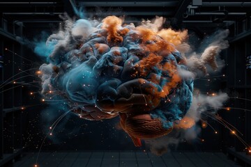 An abstract digital representation of a human brain featuring vivid blue and orange artistic patterns, symbolizing complex neural activities and cognitive processes in a dark room.