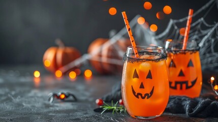 Two glasses of Halloween punch with straws in them