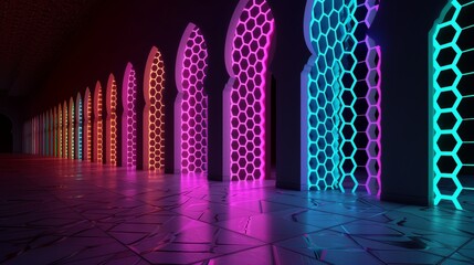The sacred patterns of a mosque glowing under neon lights, creating a mesmerizing blend of modern illumination and ancient architecture