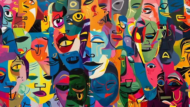 Vibrant human faces morphing in abstract collage