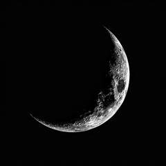 Naklejka premium Crescent Moon on Black Background, Elegant Lunar Phase, High-Resolution Moon Imagery, Clear Crescent Shape, Night Sky Contrast, Detailed Moon Surface