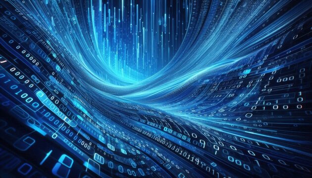 abstract binary code in blue with a wave on it