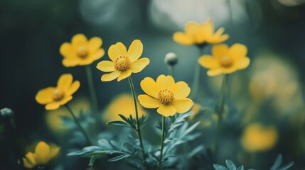 A captivating close-up of delicate yellow wildflowers blooming amidst a backdrop of lush green foliage, symbolizing nature's beauty, new beginnings, fragility, vibrancy, and serenity.