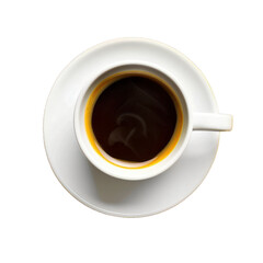 Steaming cup of black coffee sitting on a white saucer, isolated on a white background