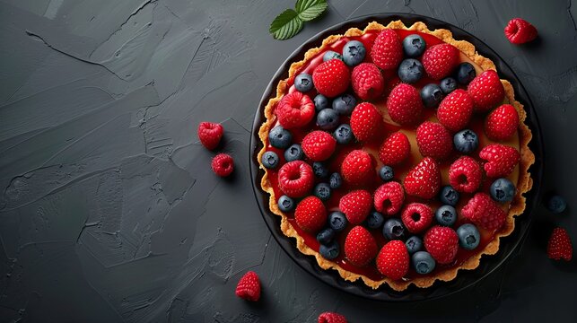 Delicious cake pie tart with fresh strawberries raspberries blueberry on gray background banner menu recipe place for text top view