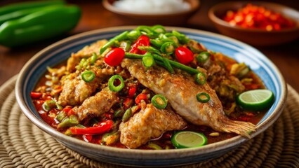  Delicious seafood dish with vibrant toppings ready to be savored