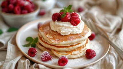 Healthy summer breakfast Homemade fluffy pancakes with raspberry and whipped cream chantilly on greige linen tablecloth Selective focus