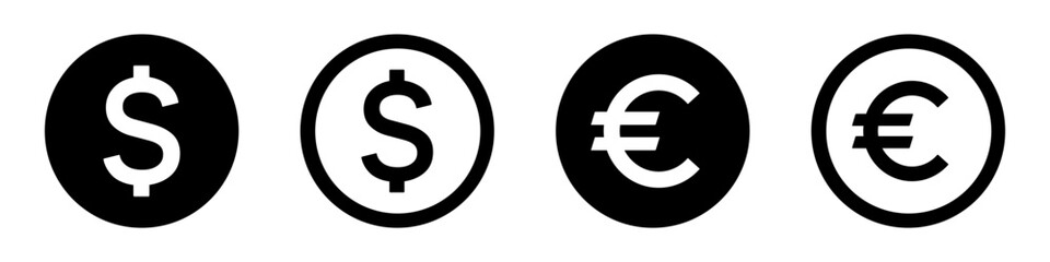 Dollar and Euro icon set. Internet money, currency, earnings, bank, wallet, payment, coin - stock vector.