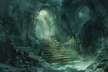 Ancient mosscovered ruins of a forgotten temple bathed in an eerie green light