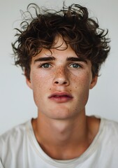 Fototapeta premium Portrait of a young man with freckles and curly hair