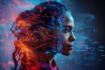 A person with wild hair is enveloped by technology symbols and luminous trails, symbolizing the fusion of human and technological advancement in a dynamic visual representation.