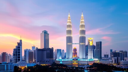 Obraz premium Urban skyline at dusk with vibrant neon lights framing an elegantly designed mosque, showcasing intricate heritage details amidst a bustling modern city