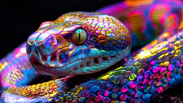 Vibrant rainbow snake scales shimmering up close
