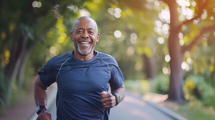 Portrait of a happy senior African American man running outdoors, wearing a t-shirt and smartwatch on his wrist, enjoying a sport activity for good health at the park.