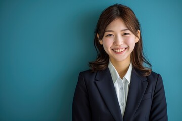 笑顔の日本人の女性ビジネスマンのポートレート写真（カラフル背景・サラリーマン・スーツ・若手・新人・新入社員）