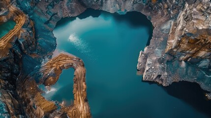 Naklejka premium Bird s eye perspective of flooded mine lake with blue water empty area