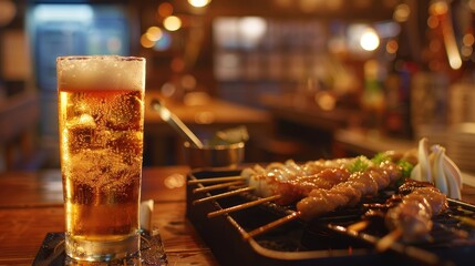 Draft beer and yakitori at a Japanese izakaya